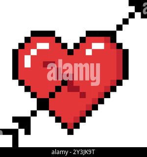 Rotes Herz mit einem Pfeil, der durchgeschossen wird, Icon. Repräsentiere Beziehung, Romantik und Liebe zum Valentinstag. Pixel-8-Bit-Stil Stock Vektor