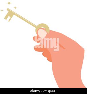 Hand hält den goldenen Schlüssel. Design der wichtigsten Erkenntnisse. Clipart-Bild isoliert auf weißem Hintergrund Stock Vektor