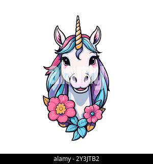 Glänzender cooler Einhornkopf mit Regenbogenhaar isoliert auf weißem Hintergrund Stock Vektor