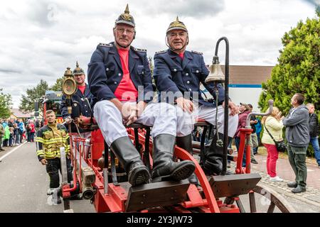 Drachhausen, Deutschland. September 2024. Mitglieder einer Feuerwehrkameradschaft nehmen an der Parade zum 19. Brandenburger Dorf- und Erntefest Teil. Vermerk: Frank Hammerschmidt/dpa/Alamy Live News Stockfoto