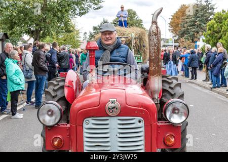 Drachhausen, Deutschland. September 2024. Ein Mann steuert einen historischen Traktor während der Parade zum 19. Brandenburger Dorf- und Erntefest. Vermerk: Frank Hammerschmidt/dpa/Alamy Live News Stockfoto