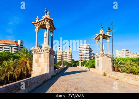 Die Puente del Mar ist eine Fußgängerbrücke, die den Fluss Turia in der Stadt Valencia in Spanien kreuzt Stockfoto