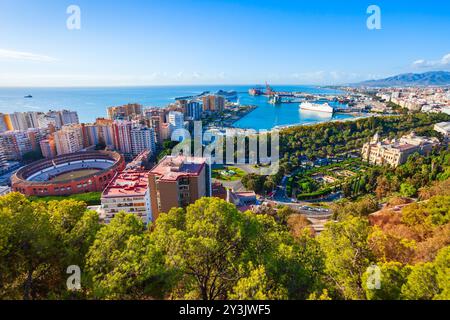 Panoramablick auf Malaga aus der Vogelperspektive. Malaga ist eine Stadt in der andalusischen Gemeinde in Spanien Stockfoto