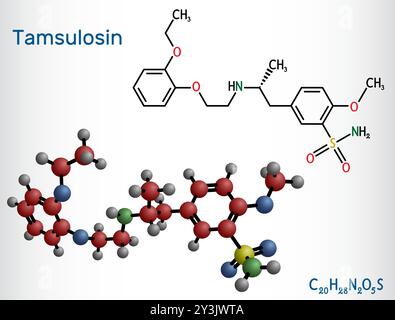 Tamsulosin-Arzneimittelmolekül. Zur Behandlung von gutartiger Prostatahyperplasie, Harnleitersteinen, Prostatitis. Strukturelle chemische Formel, Molekülmodell. Vecto Stock Vektor