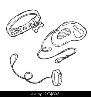 Hund Katze Haustier Blei singen auf weißem Hintergrund. PET-Ableitungssymbol. Symbol für ein abschaltvolles Haustier mit Kabelführung. Flacher Stil. Stock Vektor