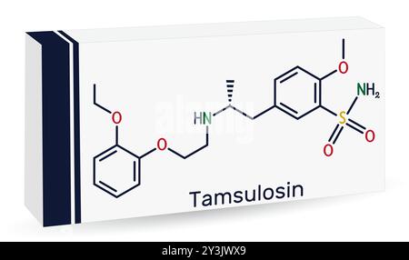 Tamsulosin-Arzneimittelmolekül. Zur Behandlung von gutartiger Prostatahyperplasie, Harnleitersteinen, Prostatitis. Die chemische Formel des Skeletts. Papierverpackung für dru Stock Vektor