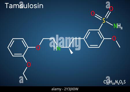 Tamsulosin-Arzneimittelmolekül. Zur Behandlung von gutartiger Prostatahyperplasie, Harnleitersteinen, Prostatitis. Chemische Strukturformel, dunkelblauer Hintergrund. Stock Vektor