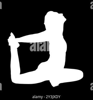 Negative Silhouette einer weiblichen Person, die die Yoga-Übung Anjaneyasana Ashtanga durchführt. Stockfoto