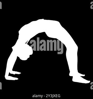 Negative Silhouette einer weiblichen Person, die die Yoga-Übung Chakrasana mit dem Rad durchführt. Stockfoto