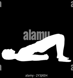 Negative Silhouette einer weiblichen Person, die die Yoga-Übung auf der Brücke Sethu Bandhasana durchführt. Stockfoto
