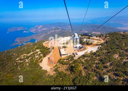 Seilbahn von Oludeniz zum Berg Babadag. Oludeniz oder Blaue Lagune ist ein Badeort im Bezirk Fethiye in der Provinz Mugla in der Türkei. Stockfoto