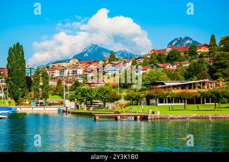 Stadt Spiez und Thun See Panoramaaussicht, Bern Kanton der Schweiz Stockfoto