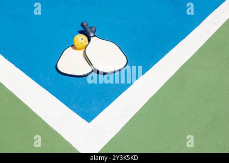 Zwei Pickleball-Paddel und eine gelbe Ballablage auf einem blau-grünen Outdoor-Court. Kontrastfarben des Spielplatzes und ein energiegeladenes Sportspiel. Co Stockfoto