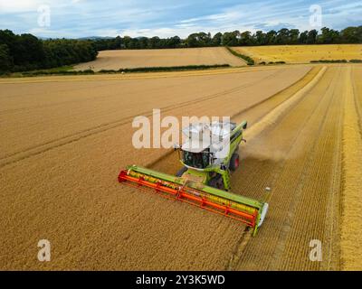 Luftaufnahmen eines Mähdreschers auf dem Feld in der Nähe von Rosyth in Fife., Schottland. Stockfoto