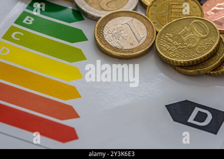 Ein Energieetikett mit Euro-Münzen Stockfoto