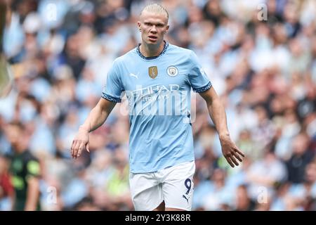 Manchester, Großbritannien. September 2024. Erling Haaland von Manchester City während des Premier League-Spiels Manchester City gegen Brentford im Etihad Stadium, Manchester, Vereinigtes Königreich, 14. September 2024 (Foto: Mark Cosgrove/News Images) in Manchester, Vereinigtes Königreich am 14. September 2024. (Foto: Mark Cosgrove/News Images/SIPA USA) Credit: SIPA USA/Alamy Live News Stockfoto