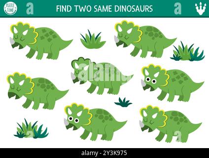 Finde zwei gleiche Dinosaurier. Prähistorische Matching-Aktivität für Kinder. Dino Land Lernquiz-Arbeitsblatt für Kinder mit alten Tieren. Druckbares Gam Stock Vektor
