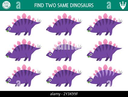 Finde zwei gleiche Dinosaurier. Prähistorische Matching-Aktivität für Kinder. Dino Land Lernquiz-Arbeitsblatt für Kinder mit alten Tieren. Druckbares Gam Stock Vektor