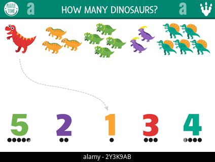 Das Spiel mit süßen Dinosauriern zählen und zusammenpassen. Dino-Math-Zusatzaktivität für Vorschulkinder. Arbeitsblatt zur prähistorischen druckbaren Zählung mit T-rex, b Stock Vektor