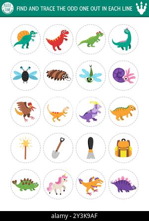 Finden Sie den seltsamen heraus. Dinosaurier logische Aktivität für Kinder. Arbeitsblatt für prähistorische Schulungsquiz für Aufmerksamkeitsfähigkeiten. Dino Land druckbares Spiel mit T Stock Vektor