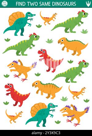 Finde zwei gleiche Dinosaurier. Prähistorische Matching-Aktivität für Kinder. Dino Land Lernquiz-Arbeitsblatt für Kinder mit alten Tieren. Druckbares Gam Stock Vektor