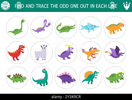 Finden Sie den seltsamen heraus. Dinosaurier logische Aktivität für Kinder. Arbeitsblatt für prähistorische Schulungsquiz für Aufmerksamkeitsfähigkeiten. Dino Land druckbares Spiel mit T Stock Vektor