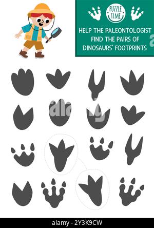Finde zwei Dinosaurier-Fußabdrücke. Prähistorische Matching-Aktivität für Kinder. Dino Land Lernquiz-Arbeitsblatt für Kinder, um Aufmerksamkeit zu erhalten. Prin Stock Vektor