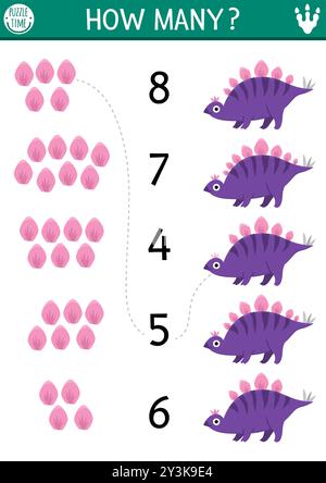 Passen Sie das Zahlen-Dinosaurier-Spiel mit Stegosaurier und knöchernen Platten an. Prähistorische Mathematikaktivitäten für Vorschulkinder. Dino Land Education Counting Arbeitsblatt Stock Vektor