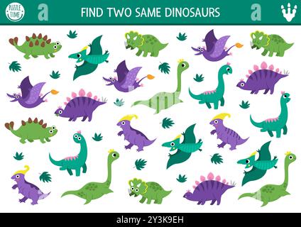 Finde zwei gleiche Dinosaurier. Prähistorische Matching-Aktivität für Kinder. Dino Land Lernquiz-Arbeitsblatt für Kinder mit alten Tieren. Druckbares Gam Stock Vektor