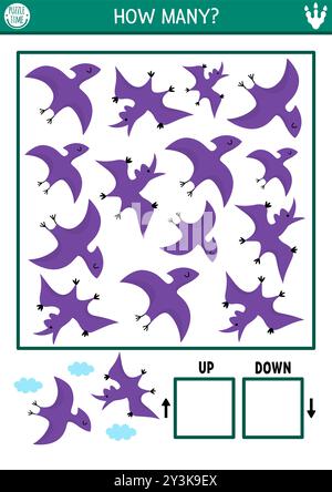 Dinosaurier-Logikspiel mit auf- und Abwärtskonzept für Kinder. Ich spioniere auf der Suche nach, zähle Aktivitäten mit alten Tieren. Prähistorische Ausrichtung des druckbaren Raumes Stock Vektor
