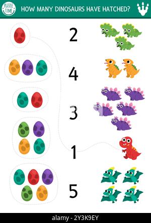 Spiel die Zahlen Dinosaurier Spiel mit Baby Dinos und Eiern. Prähistorische Mathematikaktivitäten für Vorschulkinder. Arbeitsblatt zur Zählung im Bildungsbereich mit Triceratop Stock Vektor