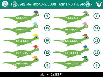 Das Spiel mit süßen langen Plesiosauriern zählen und zusammenpassen. Dinosauriermathadung und Subtraktionsaktivität für Vorschulkinder. Prähistorischer Dino druckbar Stock Vektor