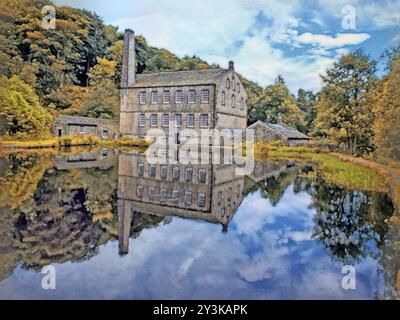 Aquarellmalerei der gibson-Mühle eine wasserbetriebene Mühle mit Hauptbau im Teich in hardcastle-Felsen in der Nähe der hebden-Brücke in West-Yorkshir Stockfoto