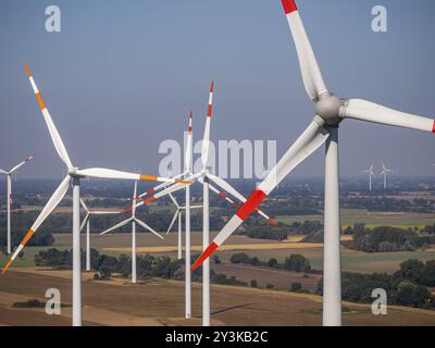 Windpark bei Anklam, Drohnenfoto von Windturbinen, Sarnow, Mecklenburg-Vorpommern, Deutschland, Europa Stockfoto