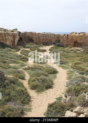 Ein Pfad, der zu Höhlen und Gräbern führt, die in die Felswände in der Nähe des Meeres am Grab der Könige in paphos zypern gemeißelt wurden Stockfoto