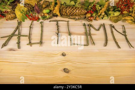 Das Herbstwort aus Baumzweigen auf einem Holztisch, mit Waldfrüchten im Hintergrund, wie Kegel, Nüsse und Eicheln Stockfoto