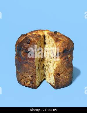 Panettone in helles Licht geschnitten, minimalistisch auf einem blauen Tisch. Köstlicher hausgemachter Sauerteig-Panettone mit Rosinen, kandierten Orangenschalen und Schokolade Stockfoto