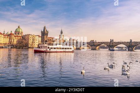 Landschaft mit der Moldau, der berühmten Karlsbrücke, mit Schwänen und Booten, die auf dem Fluss schwimmen. Foto aufgenommen in Prag, Tschechien, Europ Stockfoto