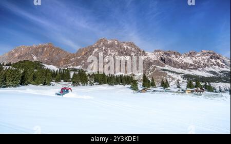 Winterlandschaft mit den felsigen Gipfeln der österreichischen Alpen Berge von der Gemeinde Ehrwald und Ihre ewig grüne Tannenwälder und weiten Wiesen und Weiden Stockfoto