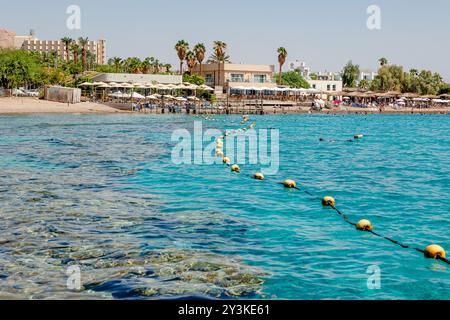 Klares Wasser des Roten Meeres mit Korallenriff und Meereslebewesen. Eilat Beach im Sommer Stockfoto