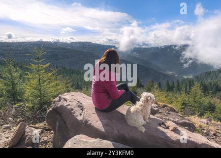 Junge brünette Frau mit ihrem Bichon Havanese Hund, der auf einem Felsen sitzt und die Hornisgrinde im Schwarzwald bewundert, an einem sonnigen Tag, EUR Stockfoto