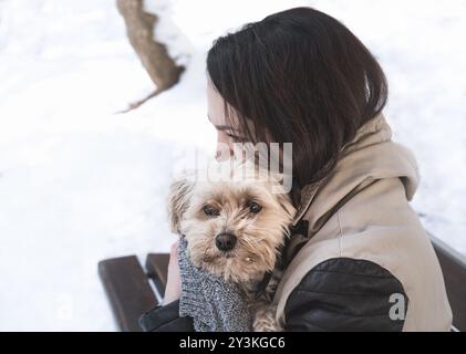 Junge brünette Frau, die auf einer Bank sitzt, umgeben von Schnee, und ihren Havanesischen Bichon-Hund mit Zuneigung hält, um ihn vor Kälte zu schützen Stockfoto