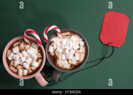 Rotes Papier tag mit einem grünen Zeichenkette von zwei Schalen mit heißer Schokolade und mini Marshmallows und zuckerstangen gebunden, am grünen Tisch Stockfoto