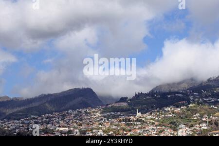 Ein Panoramablick auf funchal auf Madeira mit Häusern und Gebäuden vor den mit Bäumen bedeckten Bergen mit blauem Himmel und Wolken Stockfoto