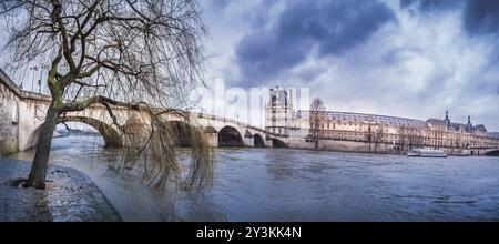 Pont Royal, Louvre Palace und seine an einem regnerischen Februartag in Paris, Frankreich, Europa Stockfoto