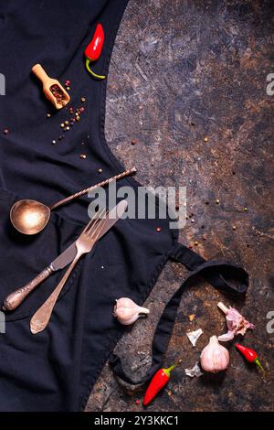 Vertikaler kulinarischer Hintergrund mit Kopierraum für Text. Schwarze Schürze mit Vintage-Metallbesteck auf Steinhintergrund, Draufsicht, flache Lage Stockfoto