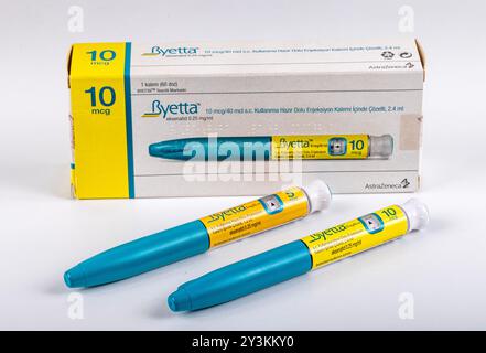 Istanbul, Türkei 27. April 2024; Byetta 10 mg Insulingruppe stammt aus einem Medikament für Diabetiker. Diabetesmedikamente. Byetta 10 mg Box. Diabeteskrankheiten Stockfoto