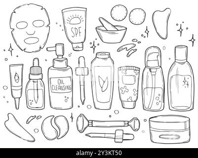 Doodle Skin Care Kosmetik Set. Schönheitsset. Hautpflege- und Schönheitsschilder, Spa-Salon und Ikonen zur Selbstpflege. Illustration der Vektorkritzelei Stock Vektor