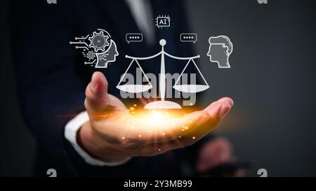 KI Gerechtigkeit Gleichgewicht, glühende Waagen in der Hand. Symbolisiert Fairness, ethische Technologie. Künstliche Intelligenz in der rechtlichen Entscheidungsfindung. Futuristisches digi Stockfoto