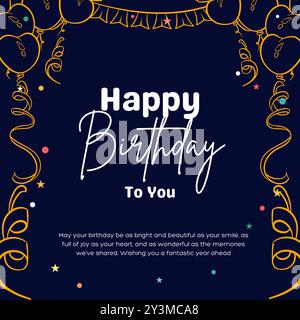 Happy Birthday Card Vector Design. Ein fröhlicher Geburtstagsgruß mit großen goldenen Konfetti und bunten Bändern für eine stilvolle Party-Einladung Stock Vektor